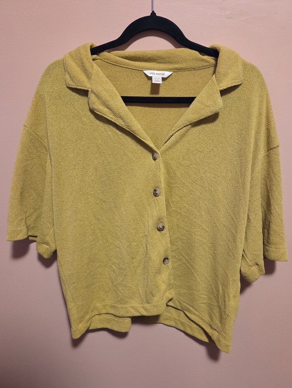 Women's Mustard Short-Sleeve Knit Button Up Top